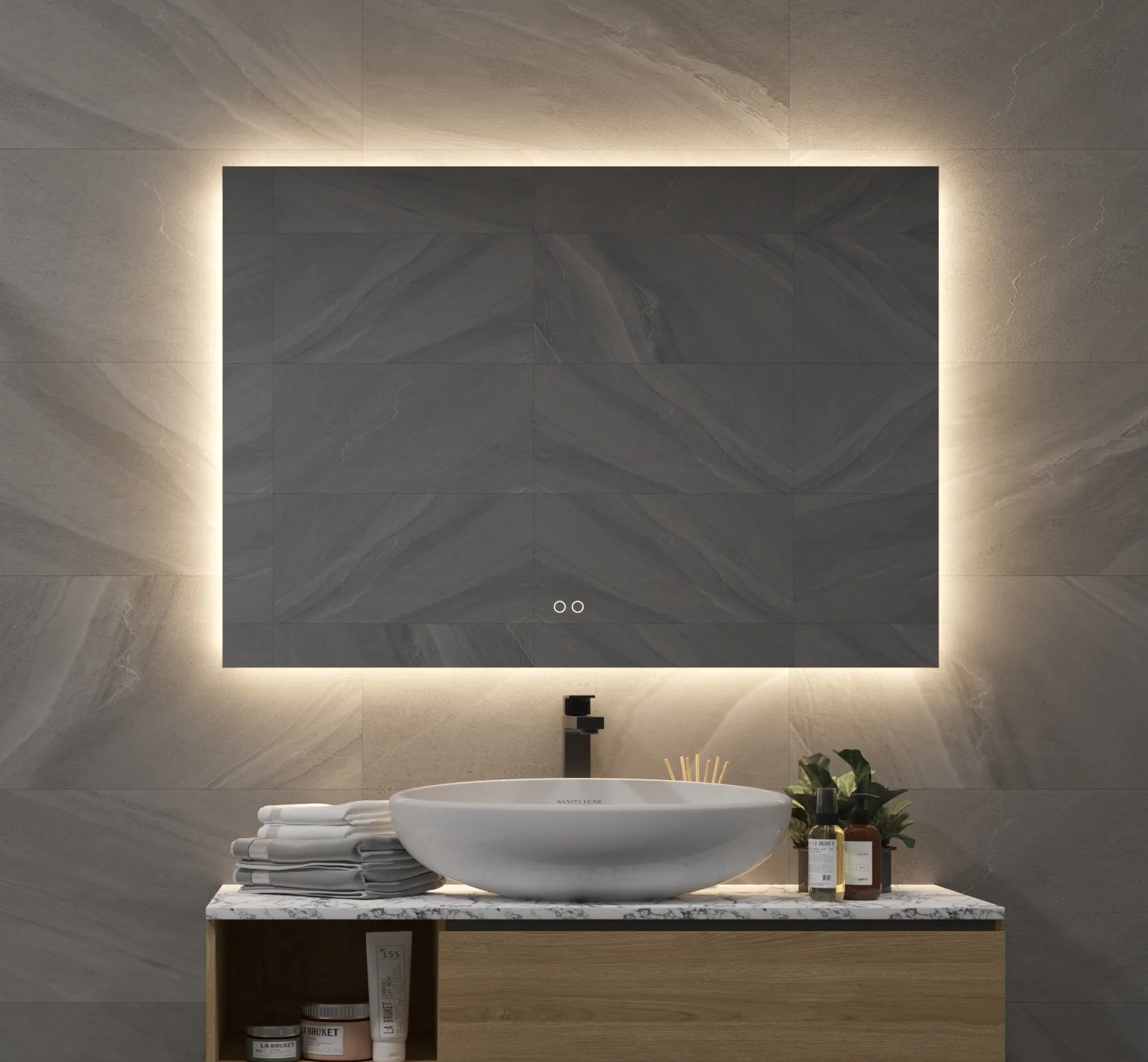 Spejl med baggrundsbelysning lysstyring og antidug 80x70 cm