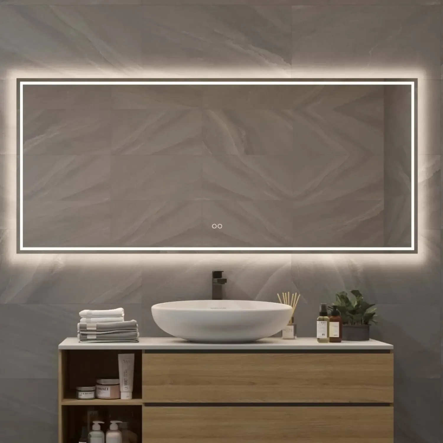 Trendy badeværelsesspejl med spejlvarme belysning og touch-sensor 160x70 cm Trendy badeværelsesspejl med spejlvarme belysning og touch-sensor 160x70 cm