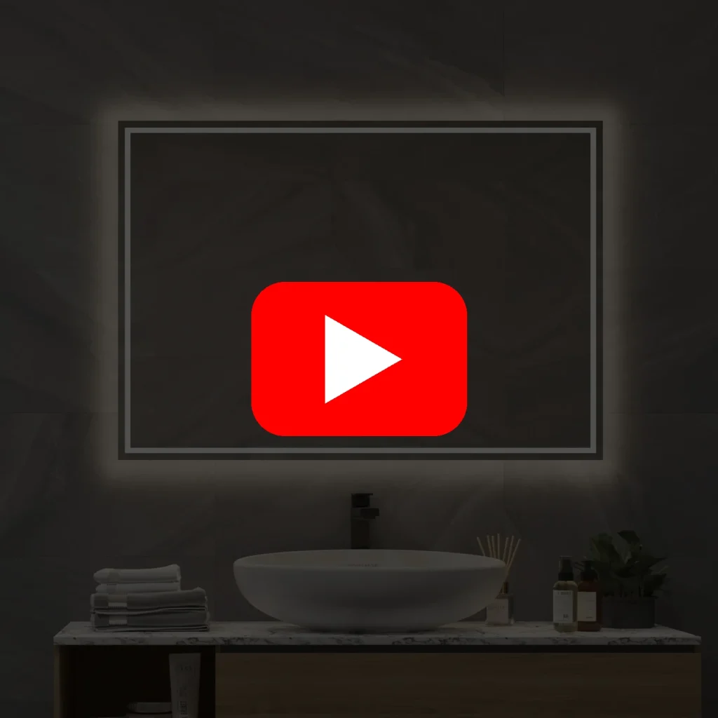 Video: LED-spejl med spejlvarme og berøringssensor 80x70 cm Video af spejl i 80×70 cm med LED-lys, spejlvarme og berøringssensor