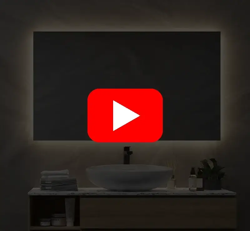 Produktvideo: Spejl med baglys lysstyring + antidug 120x70 cm Video af spejl i 120×70 cm med antidug, baggrundsbelysning og dæmpbar lysstyring