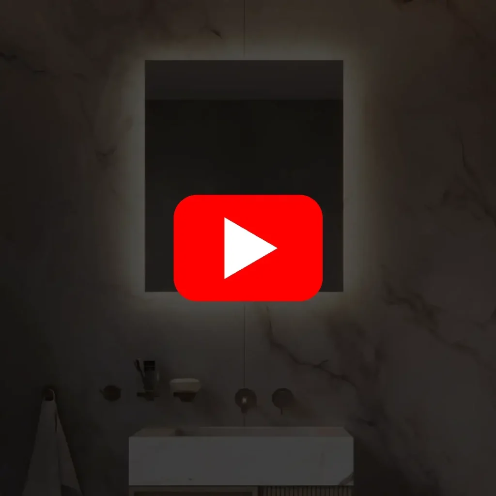 Video af spejl i 60×70 cm med antidug, baggrundsbelysning og dæmpbar lysstyring