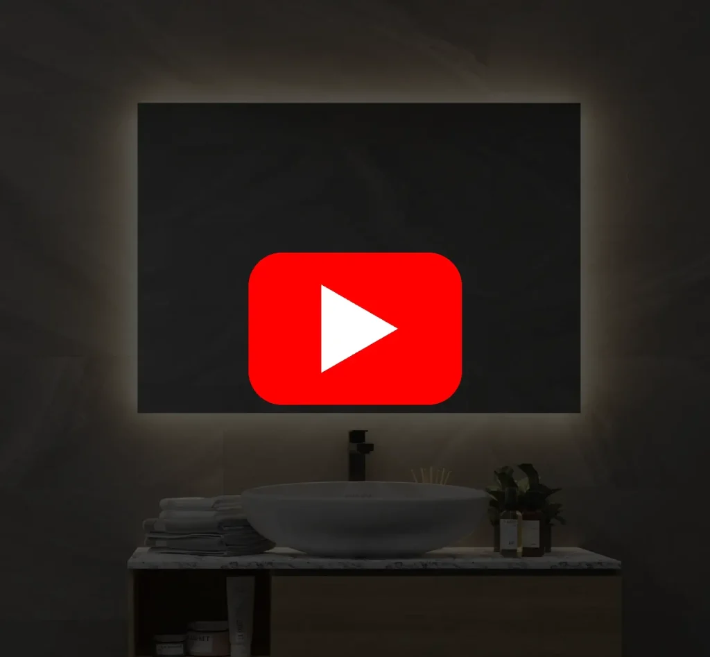 Video af spejl i 90×70 cm med antidug, baggrundsbelysning og dæmpbar lysstyring